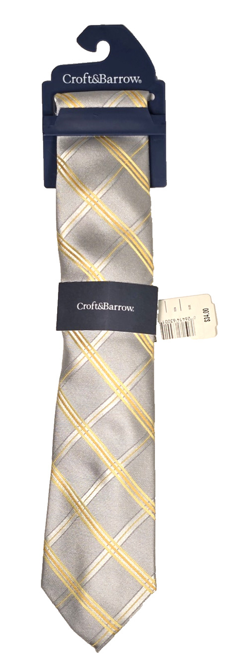 Croft & Barrow Men's Edward Grid Silver & Yellow Plaid Necktie CB21100073, New